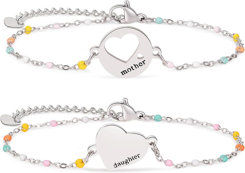 DS Mother Daughter Bracelets Set,18K Gold Plated Stainless Steel Heart Jewelry for Women Girls,Mothers Day Gifts for Mom/Daughter,Adjustable Matching Bracelets for Mommy and Me gift box packaging - Image 1